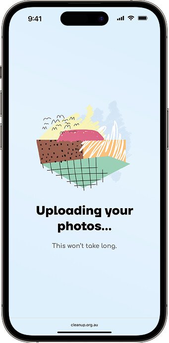 Clean Up CAM app photo upload screen with Uploading your photos progress message and Clean Up Australia illustration
