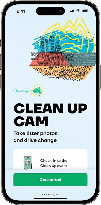 Clean Up CAM mobile app splash screen with Take litter photos and drive change tagline and Check-in to the Clean Up event button