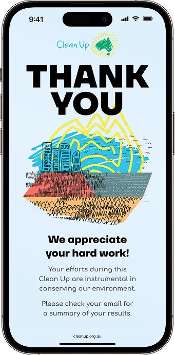 Clean Up CAM app thank you completion screen acknowledging volunteer contribution and promising a Clean Up summary email