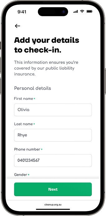 Clean Up CAM app volunteer details form capturing first name, last name and phone number for public liability cover