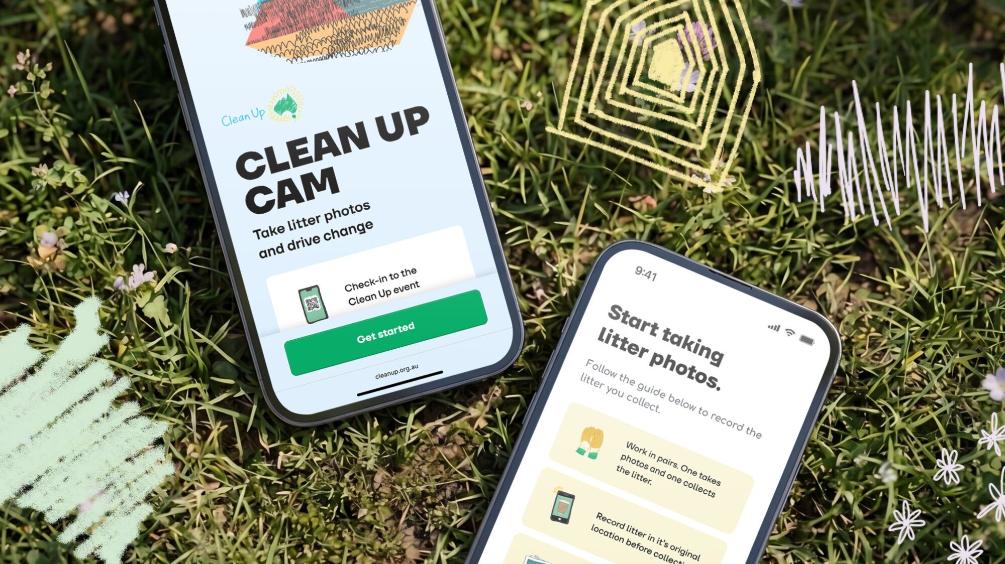 Clean Up CAM mobile app shown on two phones in grass with start taking litter photos onboarding for Clean Up Australia volunteers