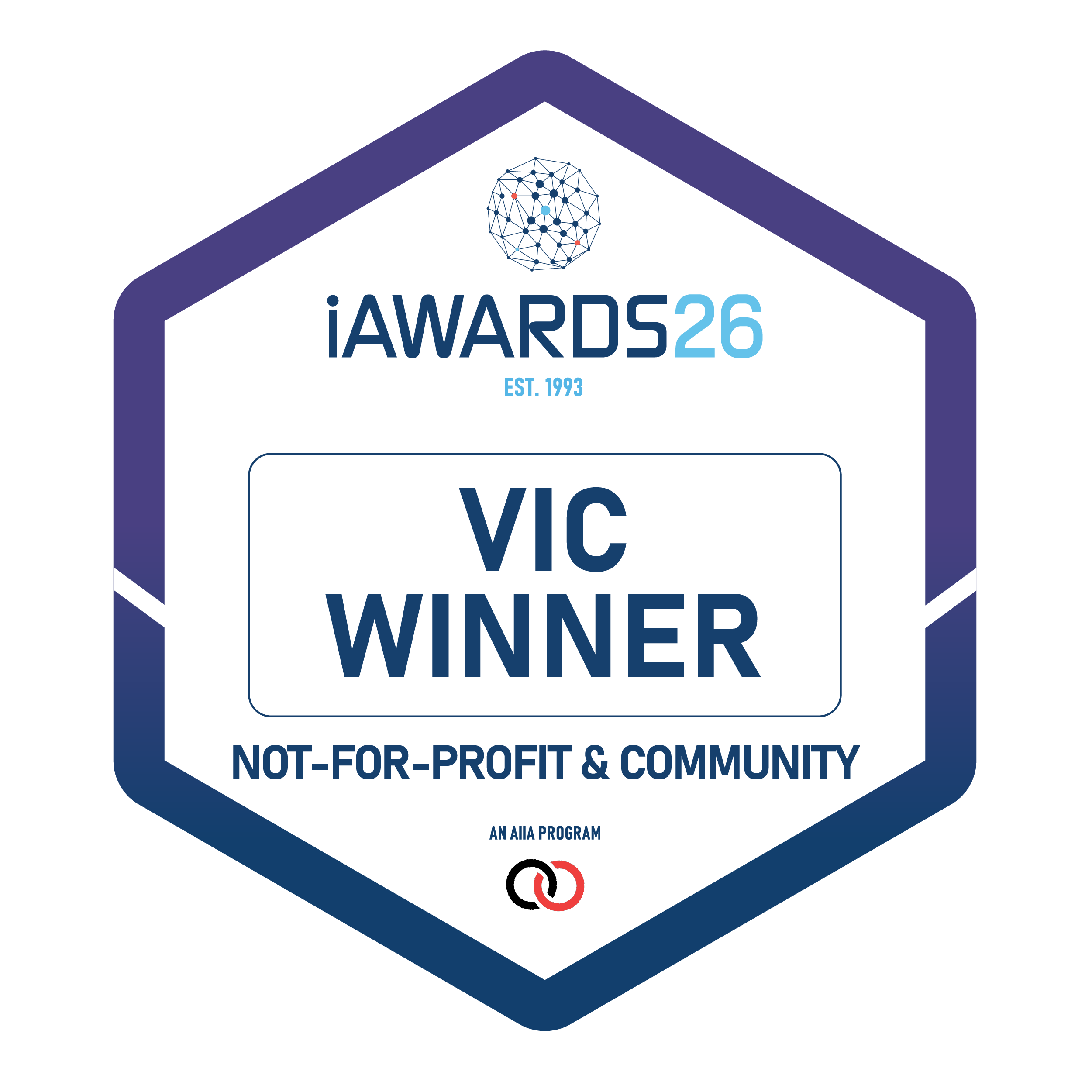 iAwards 2026 Victorian Winner badge, Not-for-Profit and Community category
